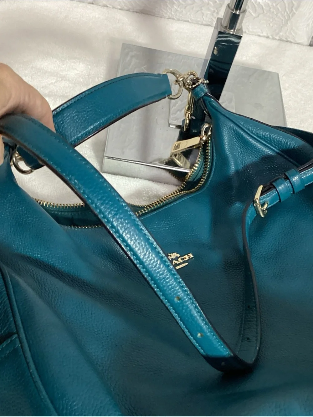 COACH Teal Pebbled Leather Harley East West Hobo Bag with Charm & Long Strap EUC